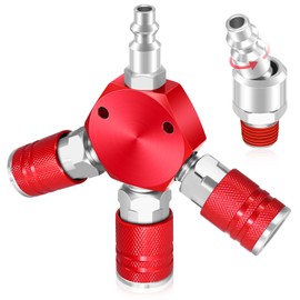 FANOVO 3 Way Air Hose Splitter,Red Air Manifold,Air Compressor Splitter 1/4 NPT Coupler, Flat Hex Manifold Air Couplers and Quick Connect Plug,with 1/4"" NPT I/M Industrial Type Swivel Air Plugs (A)