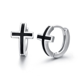 925 Sterling Silver Black Cross Earrings,Hoop Earrings for Men Women