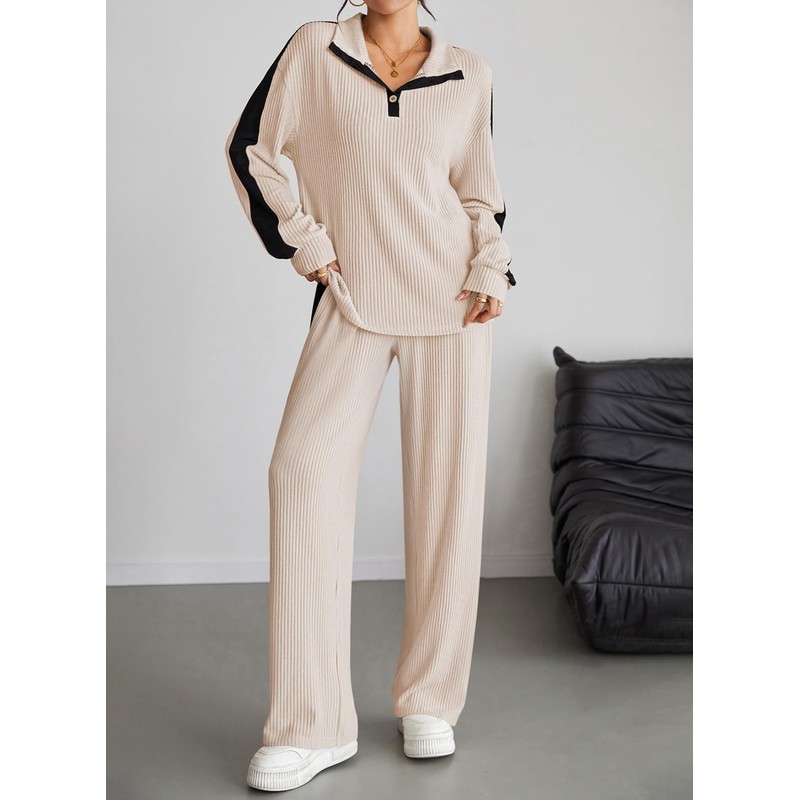 Pink Queen Women's Button V Neck Sweat Suits Casual Loose