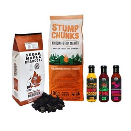 Stump Chunks Bundle: Kindling & Fire Starter + Sugar Maple Charcoal + 3 BBQ Sauces - Ideal Set for Barbecue Grilling and Outdoor Fires
