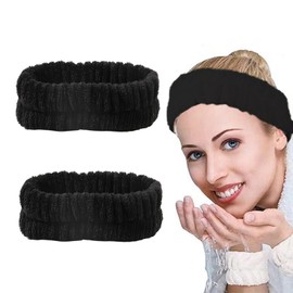 Sugeru® 2 x Flannel Elastic Hair Band, Spa Headband Women, Soft Hair Band, Cosmetics, Non-Slip Wide Brim Headband, Women, for Shower, Skin Care, Make-Up, Facial Cleansing Girls (Black, 2 Pieces)
