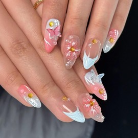 French Press on Nails Handmade Almond Nails with Glue,Nude Medium Fake Nails with 5D Flower Art ＆ Pearl Design Muti-Layer Gel 100% Handmade Nail Acrylic Nature False Nails for Wome (Size M)