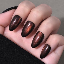 Cat Eye Press on Nails Short Almond - Reddish Brown Shimmer Glossy Press on Nails for Women Gift, Soft Gel Press Glue On Nail with Nail Glue, Supremely Fit Full Cover Reusable Acrylic Fake Nails Kit