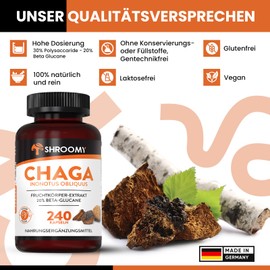 Chaga Pilz Extrakt Kapseln (Inonotus obliquus) - 240 Stück - hochdosiert mit 20% Beta Glucane und 40% Polysaccaride - 1146 mg Extrakt pro Tagesdosis - Laborgeprüft und Vegan - DE - SHROOMY