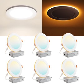 Amico 6 Pack 6 Inch 5CCT LED Recessed Ceiling Light with Night Light, 2700K/3000K/3500K/4000K/5000K Selectable Ultra-Thin Recessed Lighting, 12W=110W, 1100LM, Dimmable Canless Wafer Downlight ETL&FCC
