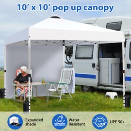 VOYSIGN Durable 10 x 10 Pop-up Canopy Tent with 1 Sidewall, Portable Instant Camping Beach Canopy Tents, White