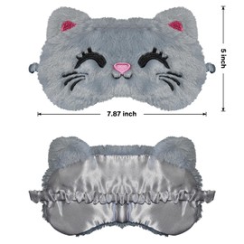 FUNAUPGO Cute Cat Sleeping Mask Eye Mask Funny Animal Kitten Sleep Mask Soft Plush Blindfold Travel Eye Cover Eyeshade for Kids Adults Girls Boys Women Men (Cat, Gray)