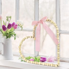 VioraWhite 12 Inch Valentines Wooden Bead Heart Wreath Heart Wreath with Pink Velvet Ribbon Bow Valentine's Day Decor Gift Farmhouse Rustic Beads Garland Tiered Tray Decor for Home Desktop Window Door