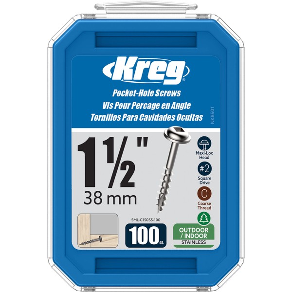 Kreg SML-C150S5-100 Stainless Steel Pocket-Hole Screws, 11/2 Inch, 8 Coarse Thread, Maxi-Loc Head (100 Count)