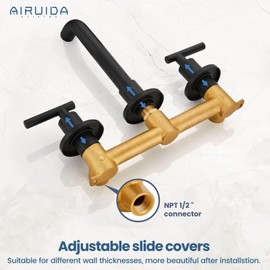 Airuida Wall Mounted Widespread Bathroom Sink Faucet Wall Mount Lavatory Faucet Vanity Sink Mixer Tap 2 Lever Handles 3 Holes 360 Swivel Spout with Brass Rough in Valve Matte Black