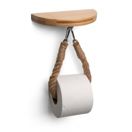 Arrow and Stem Modern Hanging Wall Mount Natural Bamboo Toilet Paper Holder Rope with Convenience Shelf Tray for Toilet Paper, Phone, Plants, Decor, and Other Accessories