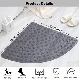 Wintfarm Corner Shower Mat Non Slip,65x65 Cm Large Bath Mat Non Slip Anti Mould,Curved Shower Mats for Inside Shower with Drain Hole Massage,Machine Washable Antibacterial (Grey)