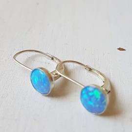 Opal Earrings Sterling Silver Leverback hook Drop and Dangle Opal Earrings Silver Blue Fire Opal Size 6mm Gift