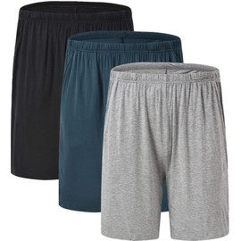JINSHI Mens Pajama Bottoms Stretch Boxer Sleeping Shorts Lounge Wear Soft Modal Shorts with Pockets, 3 Pack, Black/Light Gray/Lake Blue, Size S