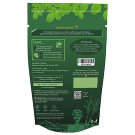 Herb Essential Moringa Oleifera Organic Leaf Powder- 0.22 lbs (3.52 Oz), GMP Certified, Non-GMO, Vegan, Authentic Indian Origin Herbal Supplement, Great Superfoods for Smoothies and Drinks