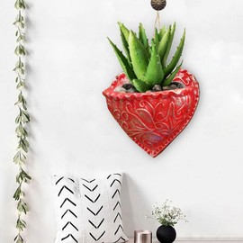 QUINTRA Vintage Heart Shaped Fleshy Resin Flower Pot, Wall Hanging, Fleshy Plate, Green Flowerware, Resin Wall Decoration Flower Pots Plastic 30 cm (Red, One Size)