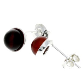 Genuine Cherry Baltic Amber set in 925 Sterling Silver Classic Studs Round Earrings - M647CH
