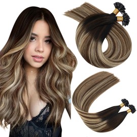 Ugeat Real Hair Extensions, Bonded U-Tip Keratin Extensions, 1B/4/27 Black to Dark Brown and Caramel Blonde, 40 cm, 50 g, 50 Strands