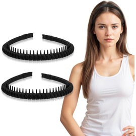2pcs Toothed Comb Headband for Girls Women, Non-slip Plastic Hairbands Soft Comfortable Hair Hoop Hair Accessories for Daily Use Yoga Spa Parties (Black, One size)