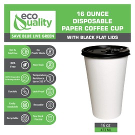 16 oz Disposable White Paper Coffee Cups with Black Flat Lids, Recyclable Hot/Cold Beverage Paper Drinking Cups with Lids for Tea, Water, Coffee, Travel, Picnic, Breakroom, Office (200 PACK)