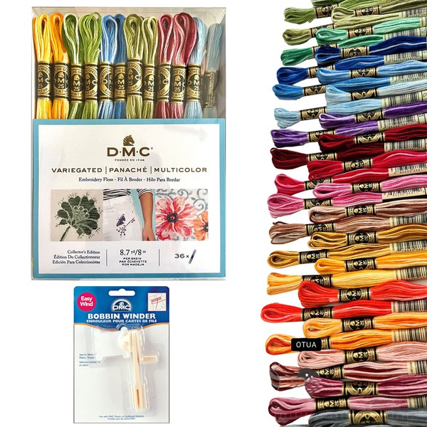 Hilo de bordado DMC, hilo de bordado variegado, 36 hilos de punto de cruz multicolor con enrollador de bobina, hilo de bordado a mano, cuerda colorida, paquete variegado de algodón arcoíris