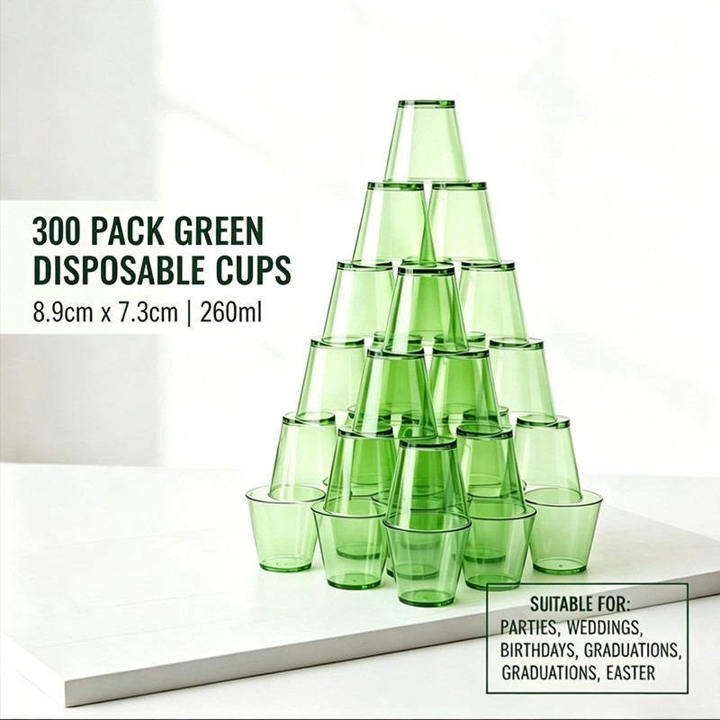 300-Pack 9oz Green Disposable Plastic Cups Cocktail Cup