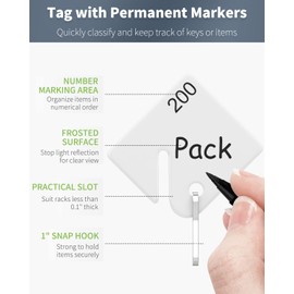 Uniclife 200 Pcs Rack Key Tags 1.5 Inch Slotted Plastic Tags with Metal Snap Hooks White Square Hanging Tags for Key Cabinets Boxes Lockers Sturdy Frosted Item Identifiers for Home Offices and Garages