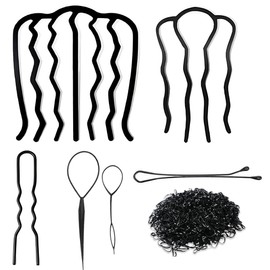 EIHI 6 Piece Hair Pins Set in Black - French Twist Hair Pins with Hair Comb and Hair Stick for Braiding Hairstyles, Bun Cushions and Vintage Styling Tool Accessories for Women Girls