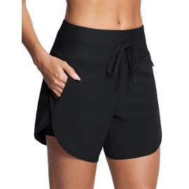 ISEEGZ Womens 5.5" Swim Shorts High Waisted Board Shorts with Pockets Quick Dry UPF 50+ Beach Shorts with Liner Black