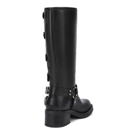 Athlefit Women's Knee High Riding Boots Fashion Buckle Square Toe Chunky Heel Wide Calf Biker Black Boots Size 8.5