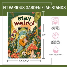 Terkki Funny Stay Weird Frog Decorative Garden Flag, Whimsical Forest Guitar Mushroom Floral Small Yard Outside Decorations, Botanical Flower Snail Burlap Outdoor Home Decor Double Sided 12 x 18