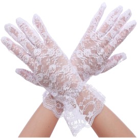 AGITATESAND Women Floral Lace Gloves Short Daily Sunblock Gloves Wedding Bridal Tea Party Opera Prom Tulle Gloves 20's 50's Accessories, E-lotus White
