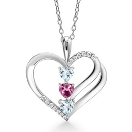925 Sterling Silver Sky Blue Aquamarine and Pink Tourmaline and White Moissanite 3-Stone Pendant Necklace For Women (0.83 Cttw, Gemstone March Birthstone, Heart Shape 4MM, with 18 Inch Silver Chain)