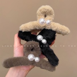 Kids' Large Velvet Shark Claw Clip for Thick Hair Free Size/2 Coffee Pearl 20ea