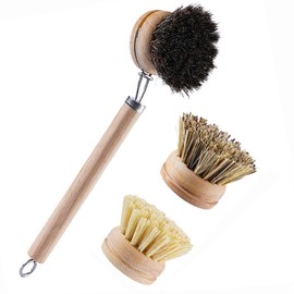 Bamboo Dish Brush with Handle, 1 Sturdy Wooden Handle with 3 Natural Bristle Heads, Horsehair, Sisal, Palm - All Purpose Kitchen Scrubber, Bamboo Wok 