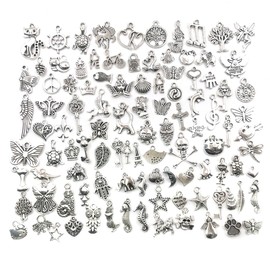 PLABBDPL Jewellery Pendant Set, 100 Pieces Mixed Charms, Silver, Jewellery Pendants for Crafts, Earrings, DIY Beads, Bracelet, DIY Girls