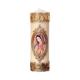Velas Toscano - Vela Devocional de la Virgen de Guadalupe Artesanal con Marco Cuadrado de Cera Dorada con Imagen de Protección (6.3 * 20 cm) 575 gr