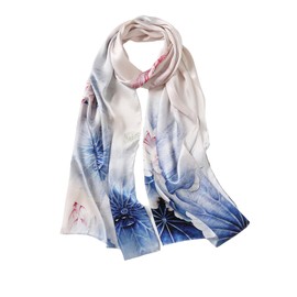 Jeelow 100% Mulberry Silk Scarf for Women Luxurious Lightweight Soft Sheer Wrap Long Oblong Shawl (Blue Red Lotus)