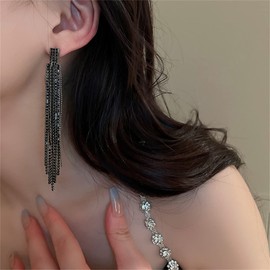 Black Rhinestone Long Tassel Earring.Chandelier Dangle Earrings Statement Crystal Drop Earring Fashion Jewelry Gifts for Women Teen Girls (B)