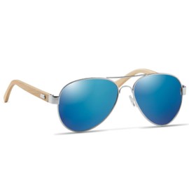 noTrash2003 Aviator Sunglasses with Coloured Mirrored Lenses UV400 CAT3 Strong Anti-Glare with Bamboo Arms in Retro Look in Microfibre Bag as Glasses Cleaning Cloth, blue