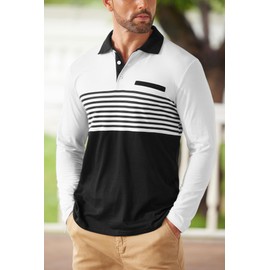 VOGSTART Mens Rugby Polo Shirts Collar Pullover Work Fashion Long Sleeve Cotton Casual Poloshirt White XL