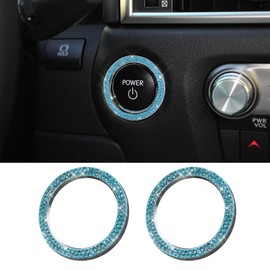 RGOAANC 2PCS Crystal Rhinestone Engine Start Stop Decoration Ring, Anti-Scratch Key Ignition & Knob Bling Ring, Accessories Sparkling Push Start Button Sticker for Car (Light Blue)