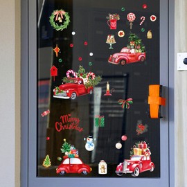 9 Sheets Christmas Window Clings Red Truck Window Glass Stickers Decorations, Red Train Car Farmhouse Christmas Tree Wreath Static Window Clings Static Xmas Window Decals Party Supplies