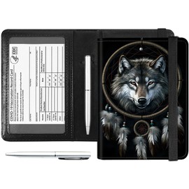 Dreamcatcher Wolf PU Leather RFID Blocking Passport & Vaccine Card Holder Combo, Women's Travel Passport Wallet Case with Elastic Band & Pen