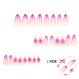 RIICFDD French Tip Nails Long Press on Nails Almond Shape Fake Nails Pink Gradient False Nails 3D Water Ripple Acrylic Nails Full Cover Artificial Glossy Glue on Nails for Women Nail Decor 24 Pcs