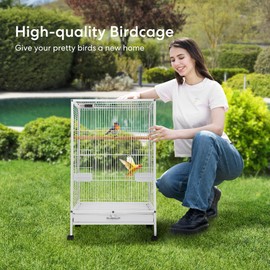 VIVOHOME 30 Inch Height Wrought Iron Bird Cage with Rolling Stand for Conures Lovebirds Cockatiels Finches, White