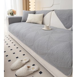 vctops Farmhouse Solid Color Embroidery Sofa Couch Cover Cotton Quilted Sectional Couch Covers Washable Non Slip Sofa Slipcover for Dogs, Children, Pets Furniture Protector (Grey,28"x70")