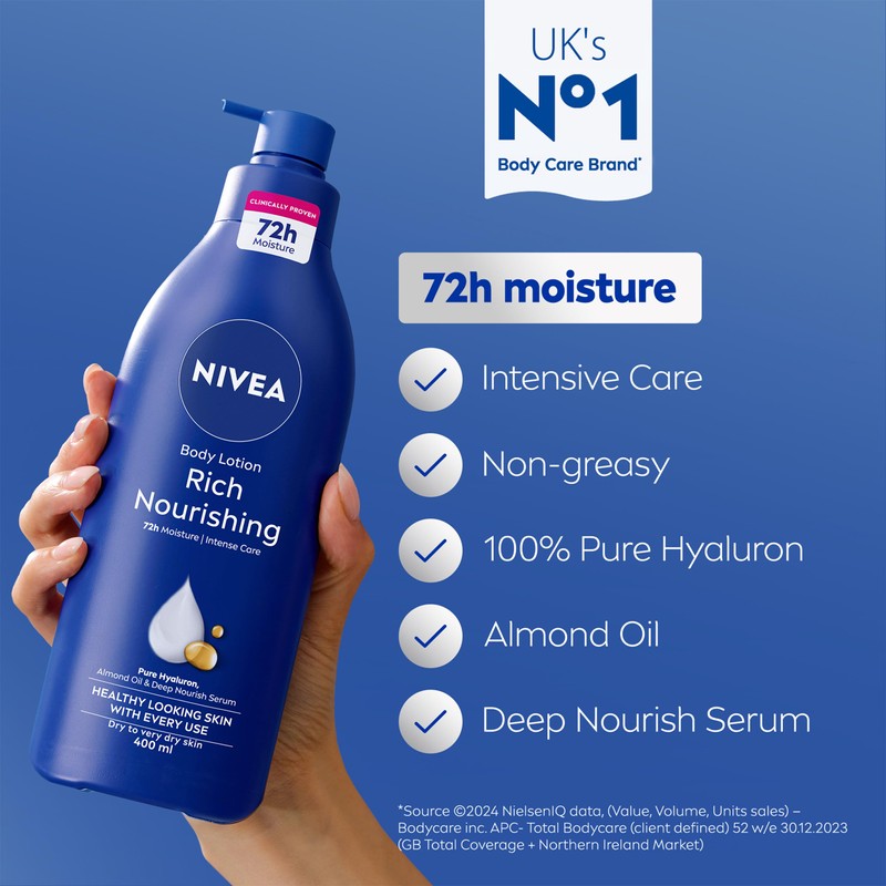 NIVEA Rich Nourishing Body Lotion (400ml), Rich 72H Hydration Moisturiser