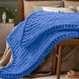 Light Blue Throw Blanket, 30" x 40" Chunky Knit Blanket, Handmade Warm & Soft Chenille Throw Blanket, Washable Decorative Knit Blanket with Jumbo Chenille Yarn for Couch Bed Sofa