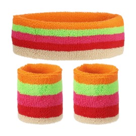MECCANIXITY Sweat Band Set Sport Terry Cloth Headband Wristband Set 7"x2" Moisture Wicking Sweat Absorbing Head Band for Women Men Workout Exercise Basketball(Orange/Green/Red/Khaki)